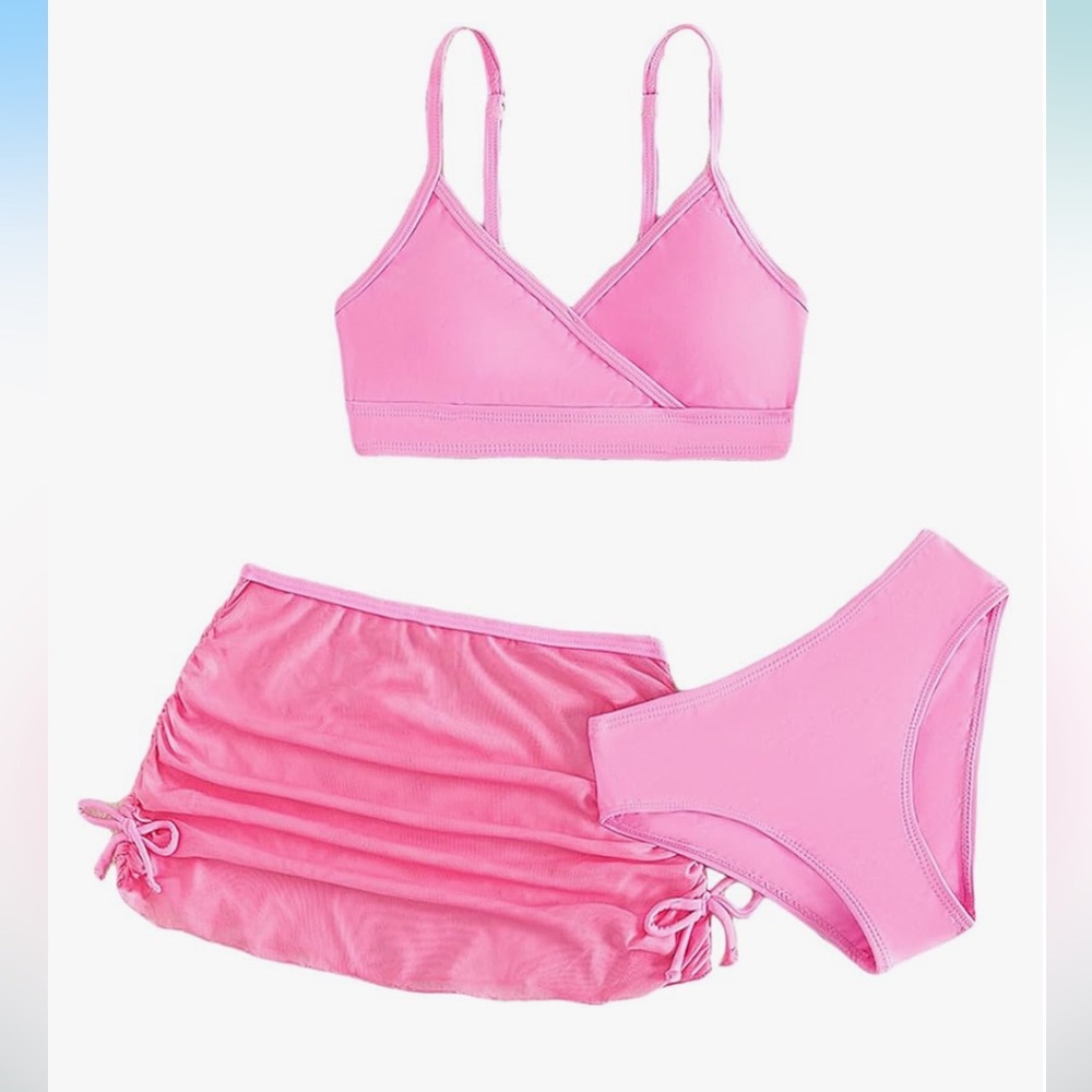 🚘 🆕 Girls Pink Wrap-Front top  and bottom Set with rushed skirt cover up 11/13 y
